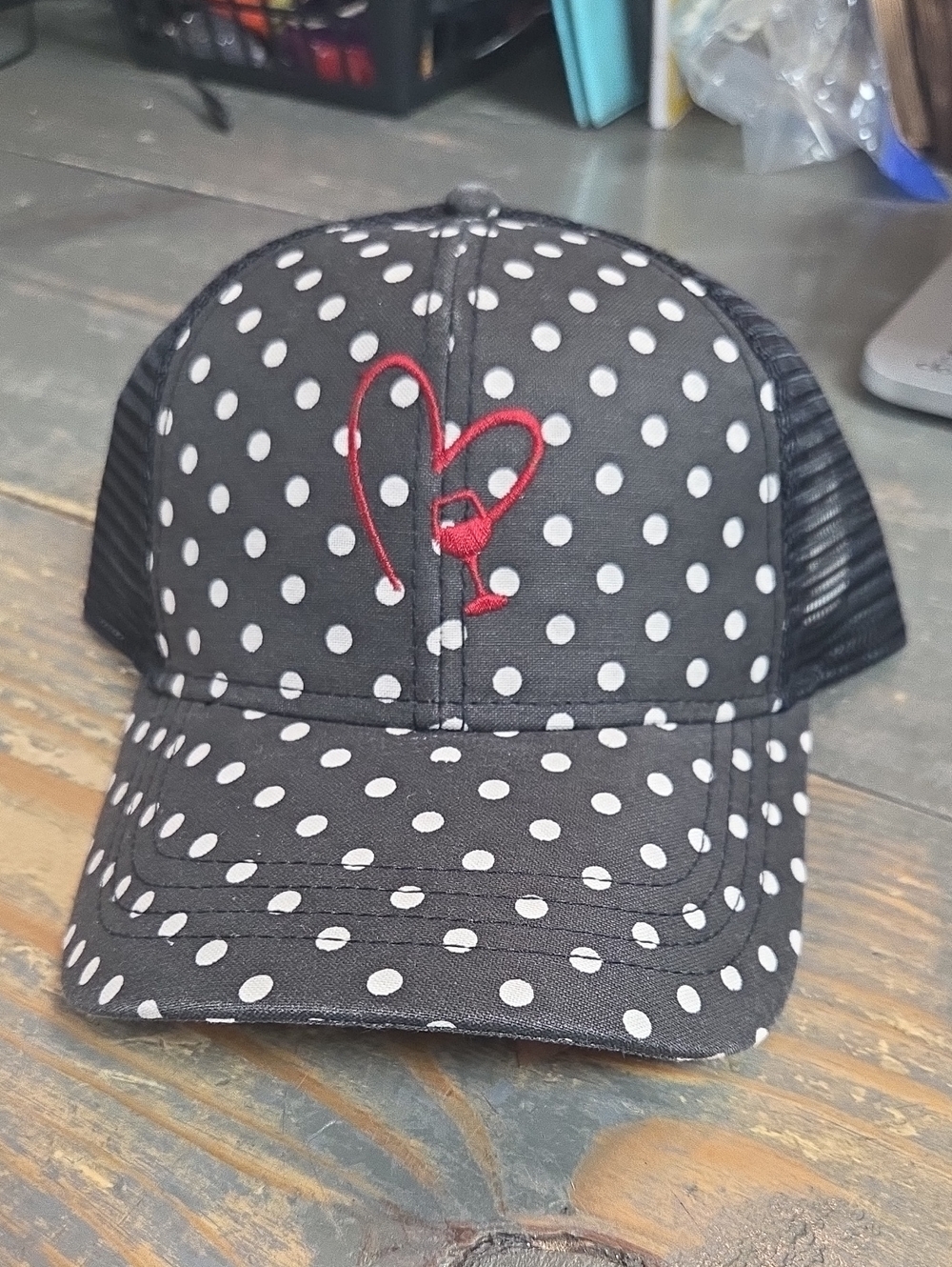 Wine Black Polka Dot Trucker Hat with Red Heart Detail